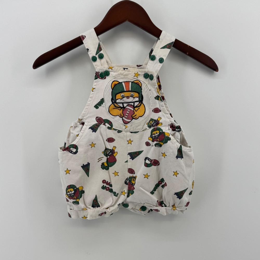 Vintage 1995 Goldenwood Kids Football Bear Shortalls Cream Cotton Size 24 Months